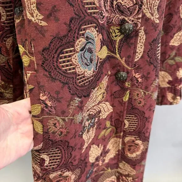 CAbi burgundy Jacobean burgundy floral jacquard tapestry long jacket Size 14